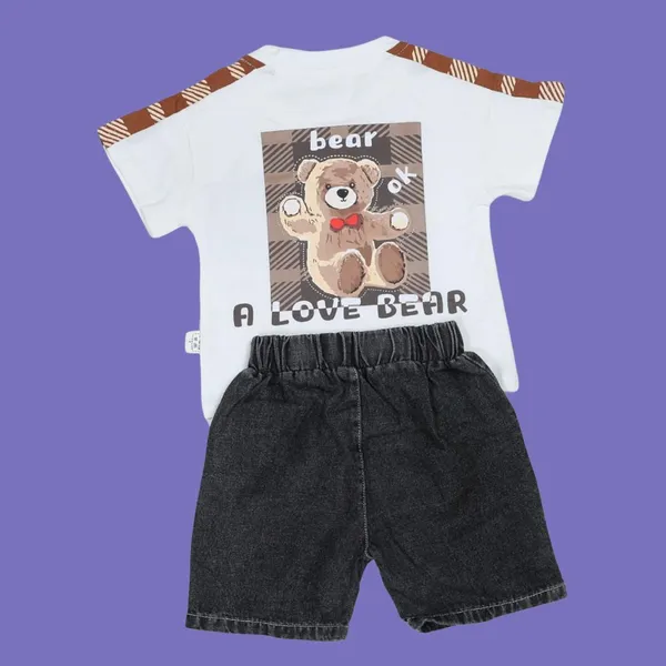Black_&_White_Bear_Design_Denim_Shorts_And_T-Shirt_Set,_Casual_Wear_With_Pocket_Detail
