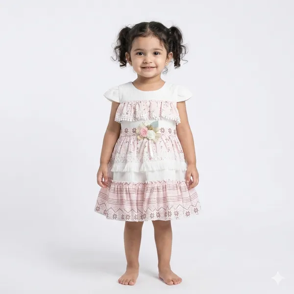 Cream_Floral_Print_Layered_Dress,_Ruffled_Design_With_Pom_Pom_Trim_And_Floral_Set
