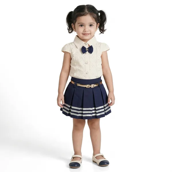 Cream_Tosilite_Lace_Shirt_And_Pleated_Skirt_Set_With_Bow_Detail,_Gold_Belt