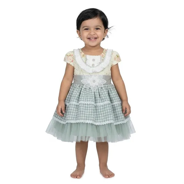 Green_Party_Dress_With_Ruffled_Bodice,_Houndstooth_Skirt,_Lace_Trim_And_Tulle_Layer,_And_Sage_Set