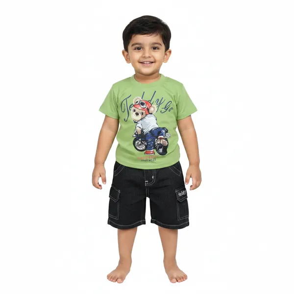 Green_Cartoon_T-Shirt_And_Denim_Shorts_Set,_Cotton_Casual_Wear