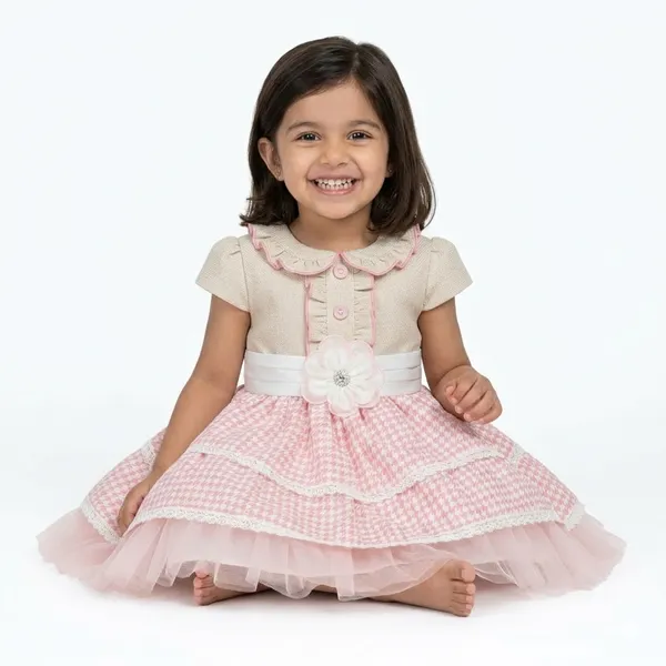 Pink_Houndstooth_Party_Dress_Set_With_Ruffle_Top_And_Tulle_Skirt,_2_Piece_Outfit_With_Matching_Leggings_Set