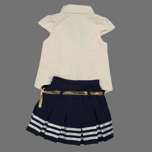 Cream_Tosilite_Lace_Shirt_And_Pleated_Skirt_Set_With_Bow_Detail,_Gold_Belt