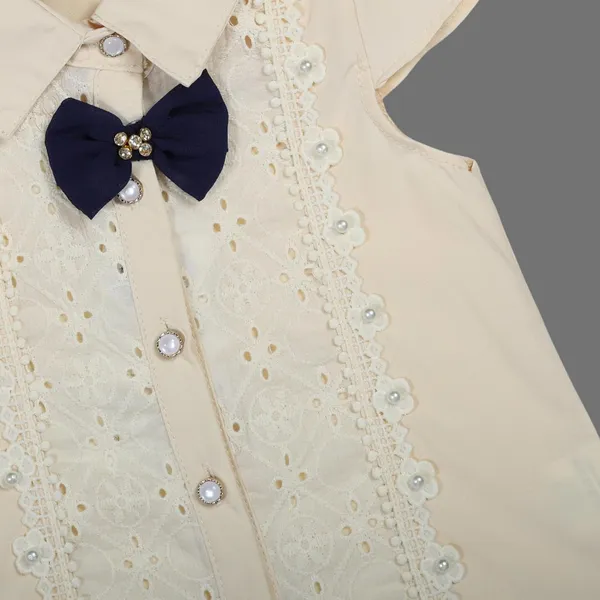 Cream_Tosilite_Lace_Shirt_And_Pleated_Skirt_Set_With_Bow_Detail,_Gold_Belt