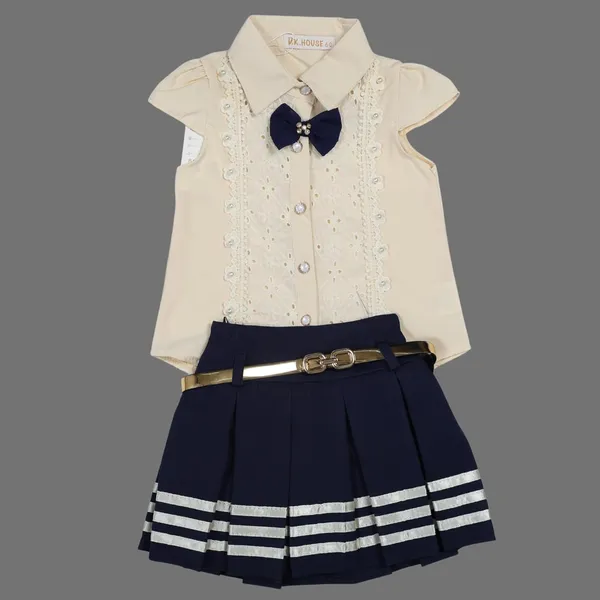 Cream_Tosilite_Lace_Shirt_And_Pleated_Skirt_Set_With_Bow_Detail,_Gold_Belt