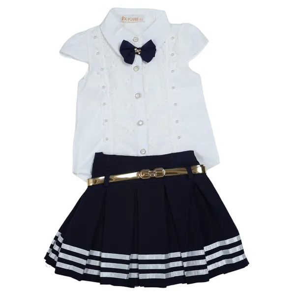 Sky_Blue_Tosilite_Nautical_Style_Dress_Set,_Lace_Blouse_With_Pleated_Skirt,_Gold_Belt