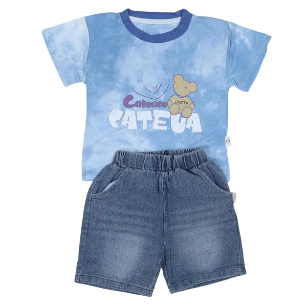 Blue_Tie-Dye_T-Shirt_And_Denim_Shorts_Set,_Blue,_Summer_Casual_Wear
