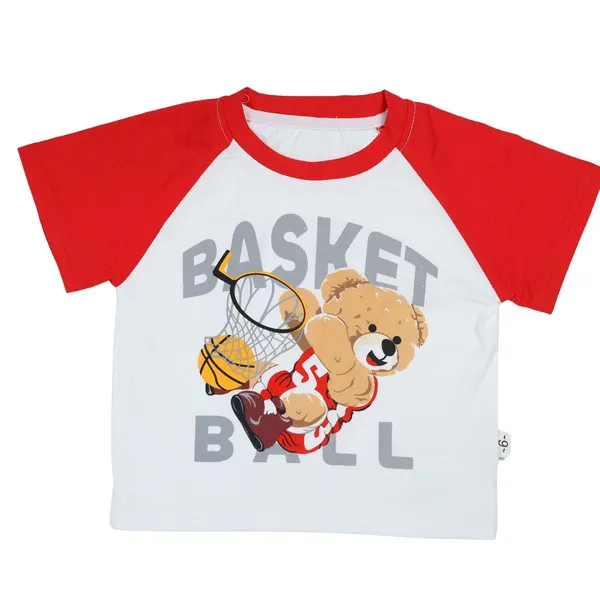Red_Basketball_Bear_Print_T-Shirt_And_Shorts_Set,_Raglan_Top_With_Denim_Shorts,_Sports_Casual_Wear