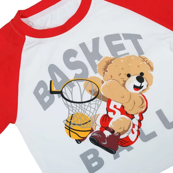 Red_Basketball_Bear_Print_T-Shirt_And_Shorts_Set,_Raglan_Top_With_Denim_Shorts,_Sports_Casual_Wear