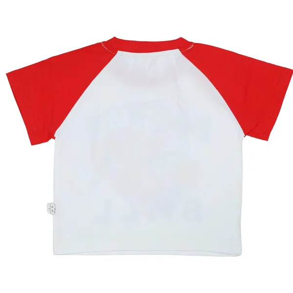 Red_Basketball_Bear_Print_T-Shirt_And_Shorts_Set,_Raglan_Top_With_Denim_Shorts,_Sports_Casual_Wear