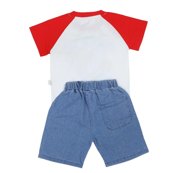Red_Basketball_Bear_Print_T-Shirt_And_Shorts_Set,_Raglan_Top_With_Denim_Shorts,_Sports_Casual_Wear