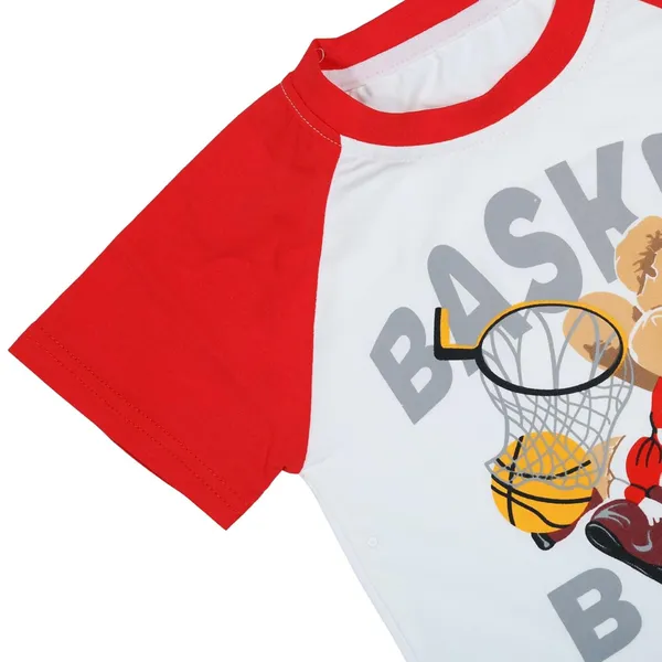 Red_Basketball_Bear_Print_T-Shirt_And_Shorts_Set,_Raglan_Top_With_Denim_Shorts,_Sports_Casual_Wear