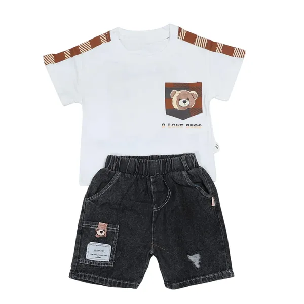 Black_&_White_Bear_Design_Denim_Shorts_And_T-Shirt_Set,_Casual_Wear_With_Pocket_Detail