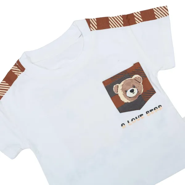 Black_&_White_Bear_Design_Denim_Shorts_And_T-Shirt_Set,_Casual_Wear_With_Pocket_Detail