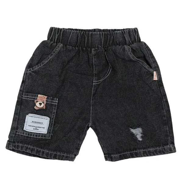 Black_&_White_Bear_Design_Denim_Shorts_And_T-Shirt_Set,_Casual_Wear_With_Pocket_Detail