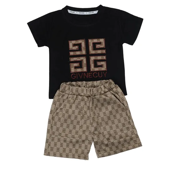 Black_Designer_T-Shirt_And_Shorts_Set,_And_Beige_Monogram_Print,_2-Piece_Outfit