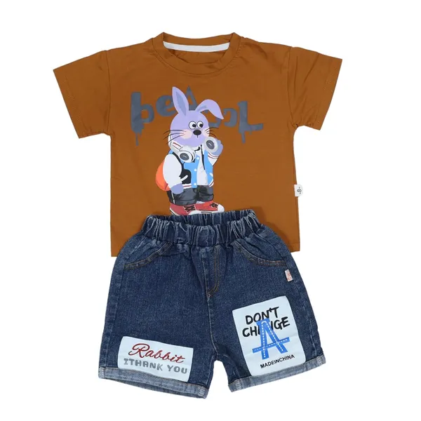 Brown_Bunny_Print_T-Shirt_And_Denim_Shorts_Set,_Casual_Wear