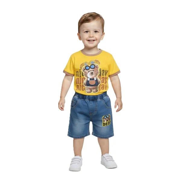 Yellow_Bear_Print_T-Shirt_And_Denim_Shorts_Set,_Casual_Summer_Outfit