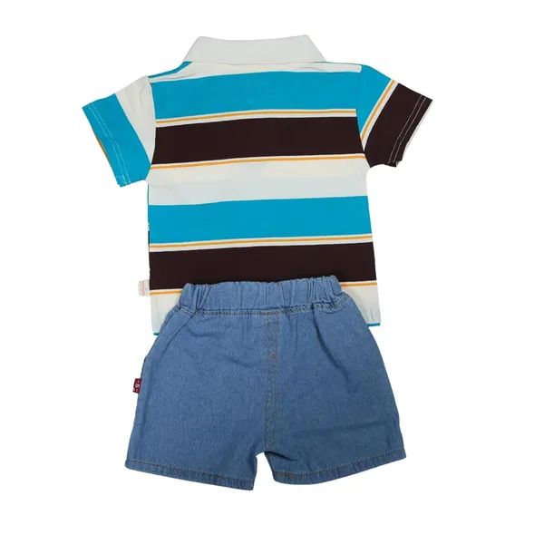 Multicolour_Dinosaur_2-Piece_Set,_Striped_Polo_T-Shirt_With_Denim_Shorts