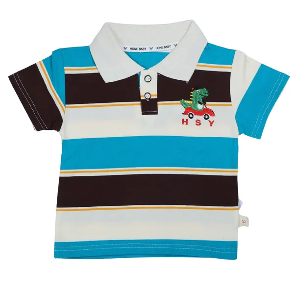 Multicolour_Dinosaur_2-Piece_Set,_Striped_Polo_T-Shirt_With_Denim_Shorts