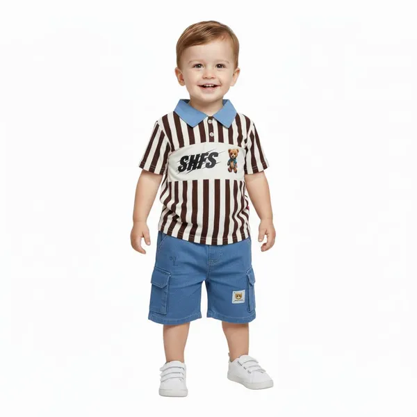 Multicolour_Striped_T-Shirt_And_Denim_Shorts_Set,_And_Stripes,_Collar,_Teddy_Bear_Design