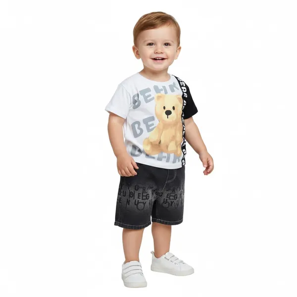 Gray_Bear_Print_T-Shirt_And_Denim_Shorts_Set,_Letter_Print_Design