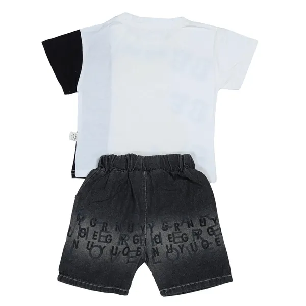 Gray_Bear_Print_T-Shirt_And_Denim_Shorts_Set,_Letter_Print_Design