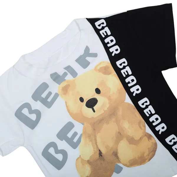 Gray_Bear_Print_T-Shirt_And_Denim_Shorts_Set,_Letter_Print_Design