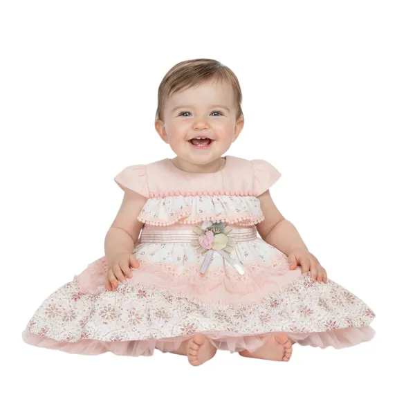 Cream_Floral_Print_Layered_Dress,_Ruffled_Design_With_Pom_Pom_Trim_And_Floral_Set