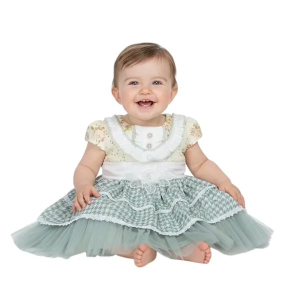 Green_Party_Dress_With_Ruffled_Bodice,_Houndstooth_Skirt,_Lace_Trim_And_Tulle_Layer,_And_Sage_Set