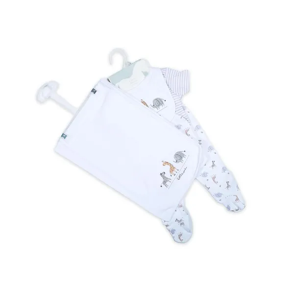 White_Tosilite_Safari_Animals_Sleepsuit_Set,_And_Grey_Striped,_Cotton_Footed_Romper_With_Giraffe_Elephant_Zebra_Print