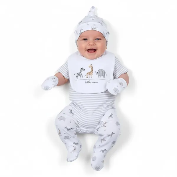 White_Tosilite_Safari_Animals_Sleepsuit_Set,_And_Grey_Striped,_Cotton_Footed_Romper_With_Giraffe_Elephant_Zebra_Print