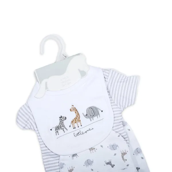 White_Tosilite_Safari_Animals_Sleepsuit_Set,_And_Grey_Striped,_Cotton_Footed_Romper_With_Giraffe_Elephant_Zebra_Print