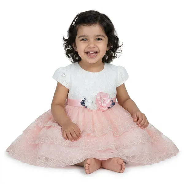 Peach_Party_Dress_With_Ruffled_Bodice,_Houndstooth_Skirt,_Lace_Trim_And_Tulle_Layer,_Set