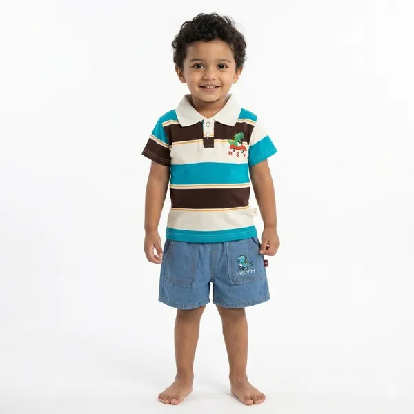 Multicolour_Dinosaur_2-Piece_Set,_Striped_Polo_T-Shirt_With_Denim_Shorts