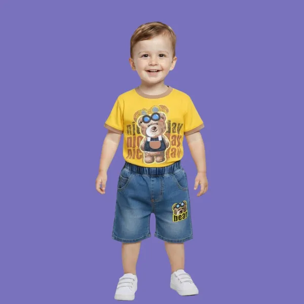 Yellow_Bear_Print_T-Shirt_And_Denim_Shorts_Set,_Casual_Summer_Outfit