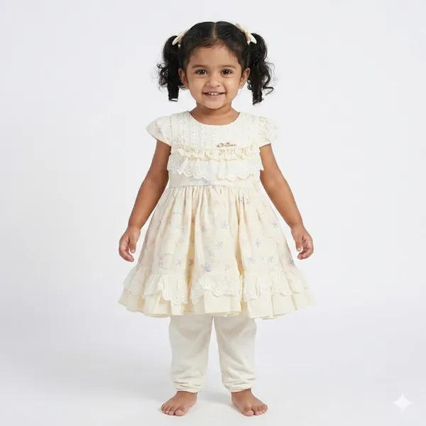 Cream_Tosilite_Lace_Blouse_And_Pleated_Skirt_Set_With_Bow_Detail,_Gold_Belt_Set