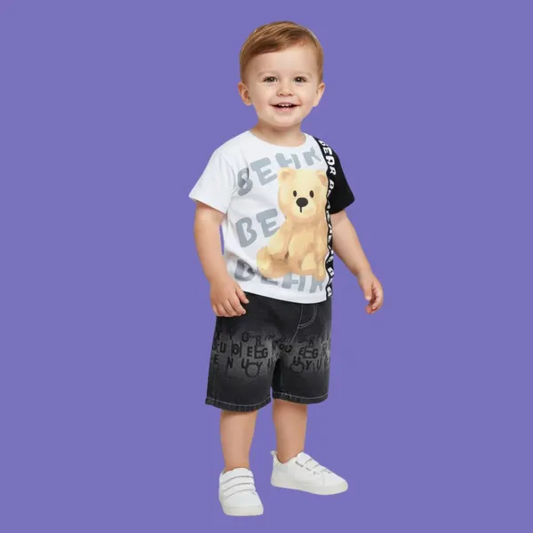 Gray_Bear_Print_T-Shirt_And_Denim_Shorts_Set,_Letter_Print_Design