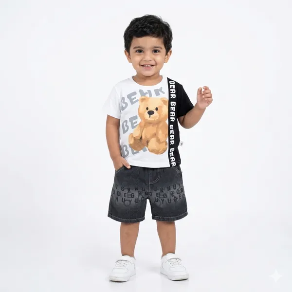 Gray_Bear_Print_T-Shirt_And_Denim_Shorts_Set,_Letter_Print_Design