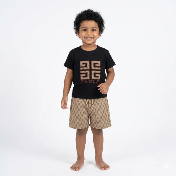 Black_Designer_T-Shirt_And_Shorts_Set,_And_Beige_Monogram_Print,_2-Piece_Outfit