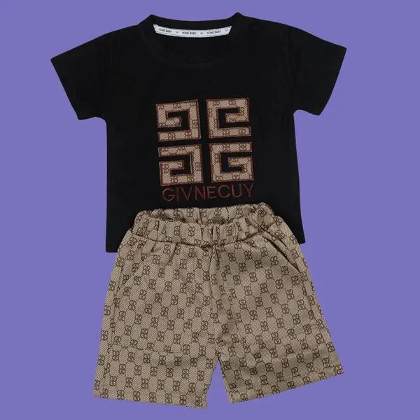 Black_Designer_T-Shirt_And_Shorts_Set,_And_Beige_Monogram_Print,_2-Piece_Outfit