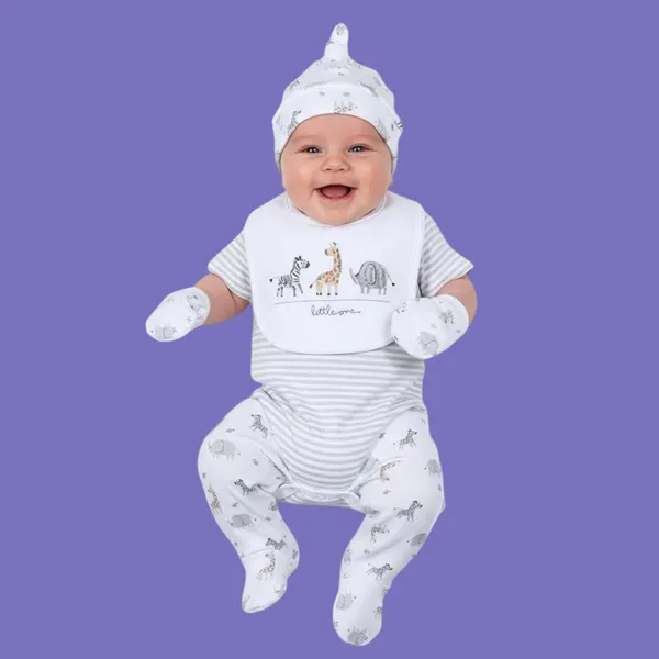 White_Tosilite_Safari_Animals_Sleepsuit_Set,_And_Grey_Striped,_Cotton_Footed_Romper_With_Giraffe_Elephant_Zebra_Print