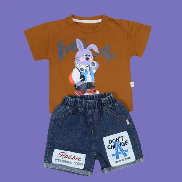 Brown_Bunny_Print_T-Shirt_And_Denim_Shorts_Set,_Casual_Wear