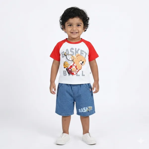 Red_Basketball_Bear_Print_T-Shirt_And_Shorts_Set,_Raglan_Top_With_Denim_Shorts,_Sports_Casual_Wear