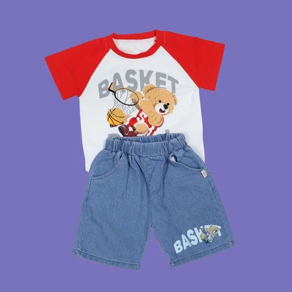 Red_Basketball_Bear_Print_T-Shirt_And_Shorts_Set,_Raglan_Top_With_Denim_Shorts,_Sports_Casual_Wear