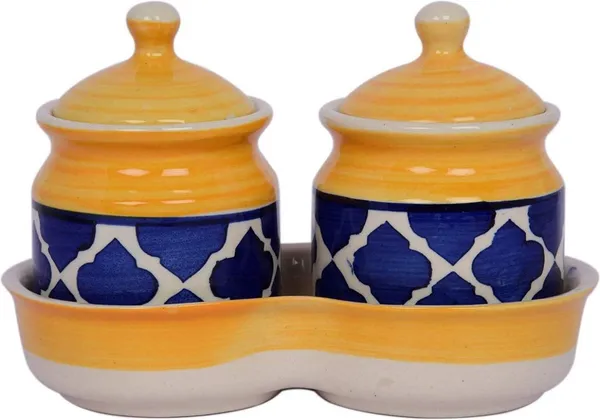 Ceramic_Jars_With_Lid_And_Holding_Tray_Multipurpose_Barni_For_Chutney,_Pickle_Jar_Storage_Container,_Dining_Table_Container_Set_(Pack_Of_2,_Multi-Color)_(Yellow)
