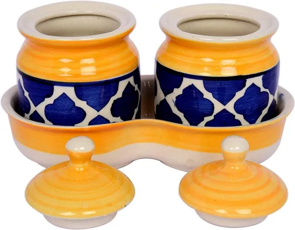 Ceramic_Jars_With_Lid_And_Holding_Tray_Multipurpose_Barni_For_Chutney,_Pickle_Jar_Storage_Container,_Dining_Table_Container_Set_(Pack_Of_2,_Multi-Color)_(Yellow)