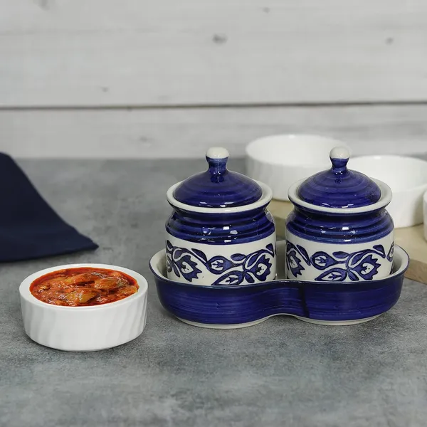 Ceramic_Jars_With_Lid_And_Holding_Tray_Multipurpose_Barni_For_Chutney,_Pickle_Jar_Storage_Container,_Dining_Table_Container_Set_(Pack_Of_2,_Multi-Color)_(White_&_Blue)
