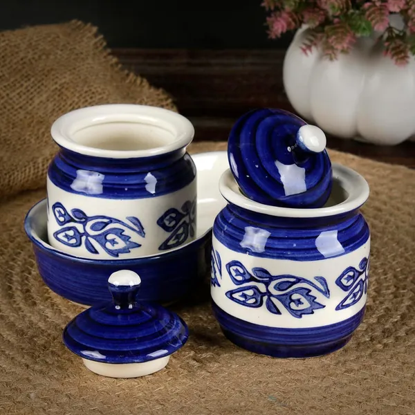 Ceramic_Jars_With_Lid_And_Holding_Tray_Multipurpose_Barni_For_Chutney,_Pickle_Jar_Storage_Container,_Dining_Table_Container_Set_(Pack_Of_2,_Multi-Color)_(White_&_Blue)
