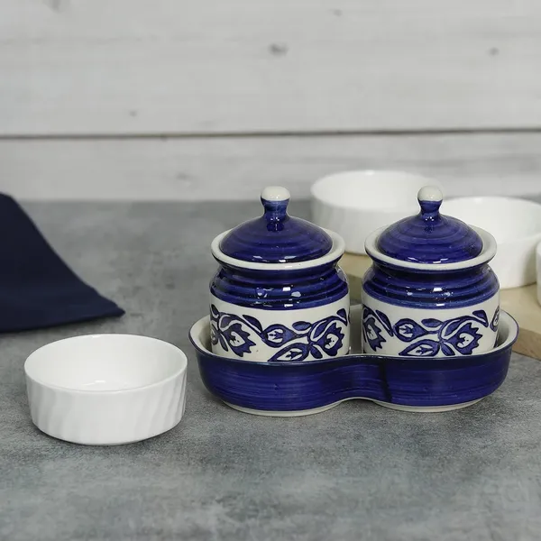 Ceramic_Jars_With_Lid_And_Holding_Tray_Multipurpose_Barni_For_Chutney,_Pickle_Jar_Storage_Container,_Dining_Table_Container_Set_(Pack_Of_2,_Multi-Color)_(White_&_Blue)